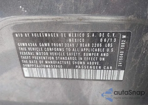 2013 Volkswagen Jetta Sportwagen 2.5L S z USA, uszkodzony, nr VIN 3VWPP7AJ7DM693966